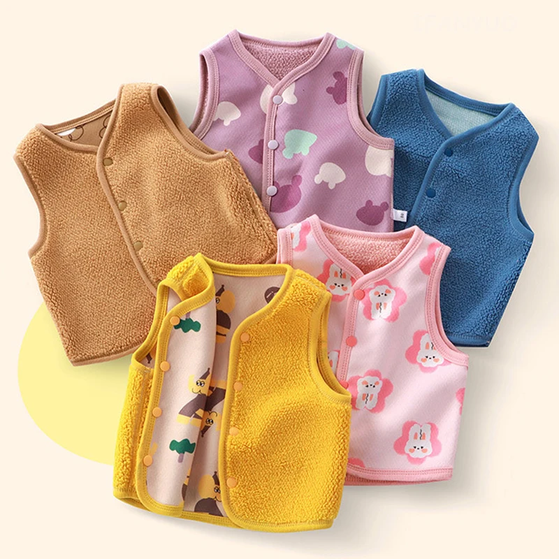 Autumn Winter New Double-sided Baby Kids Vests Plush Thickened Children Boys Outerwear Vest Cartoon Cute Girls Infant Waistcoats