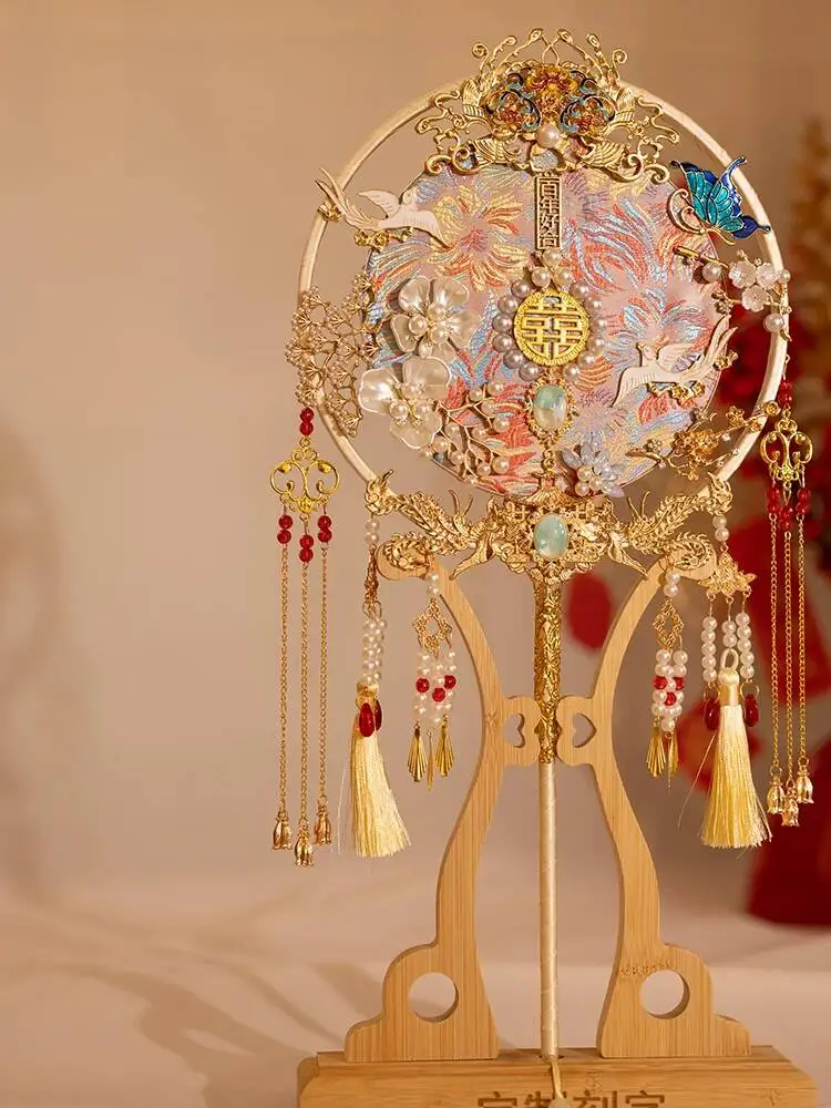 Chinese Style Bride Round Fan DIY Kit Gold Handmade Double-Sided Embroidery Wedding Fan Xiuhe Costume Marriage Fan view 3