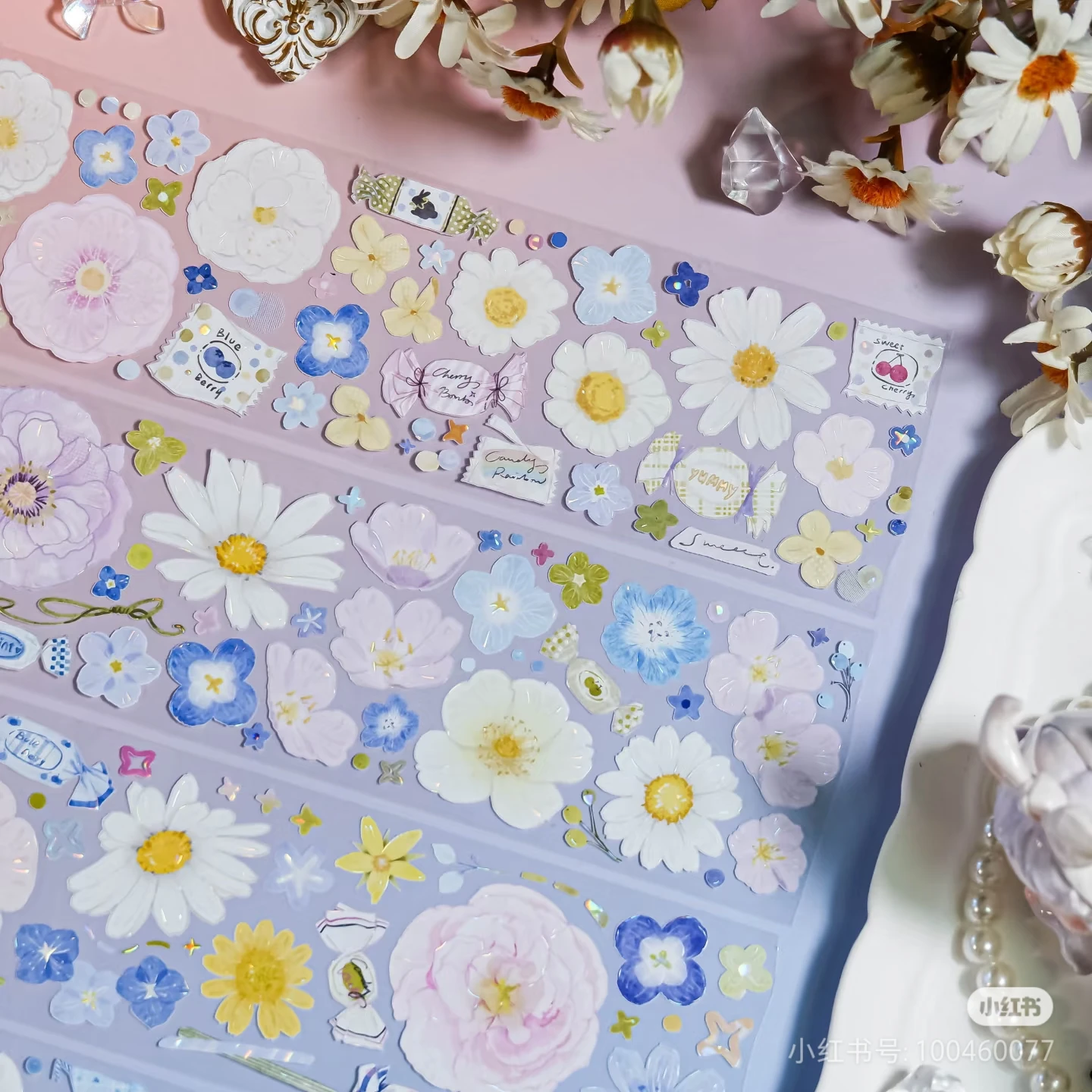 

Цветочная лента Washi Pet, блестящая задняя карта для телефона S6, синие, белые, розовые, маленькие цветы