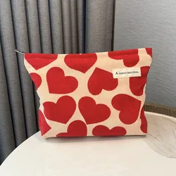 Heart Print Makeup Bag Corduroy Large Capacity Cosmetic Bag Vintage Travel Makeup Pouch Zipper Toiletries Storage Bag for Women