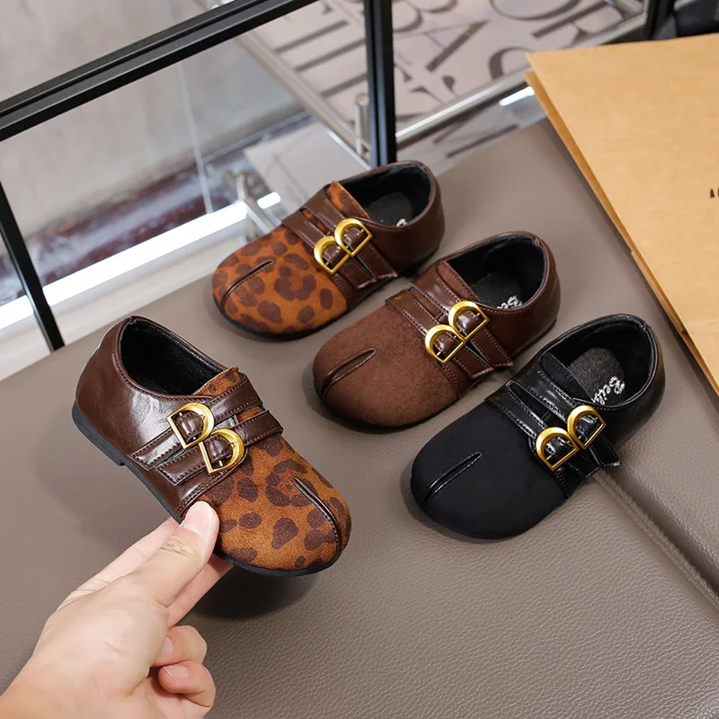 Fashion Casual Children's Retro Split‑Toe Flat Single Shoes Double Gold‑Buckled Straps Suede Slip‑On Girl's Princess Footwear