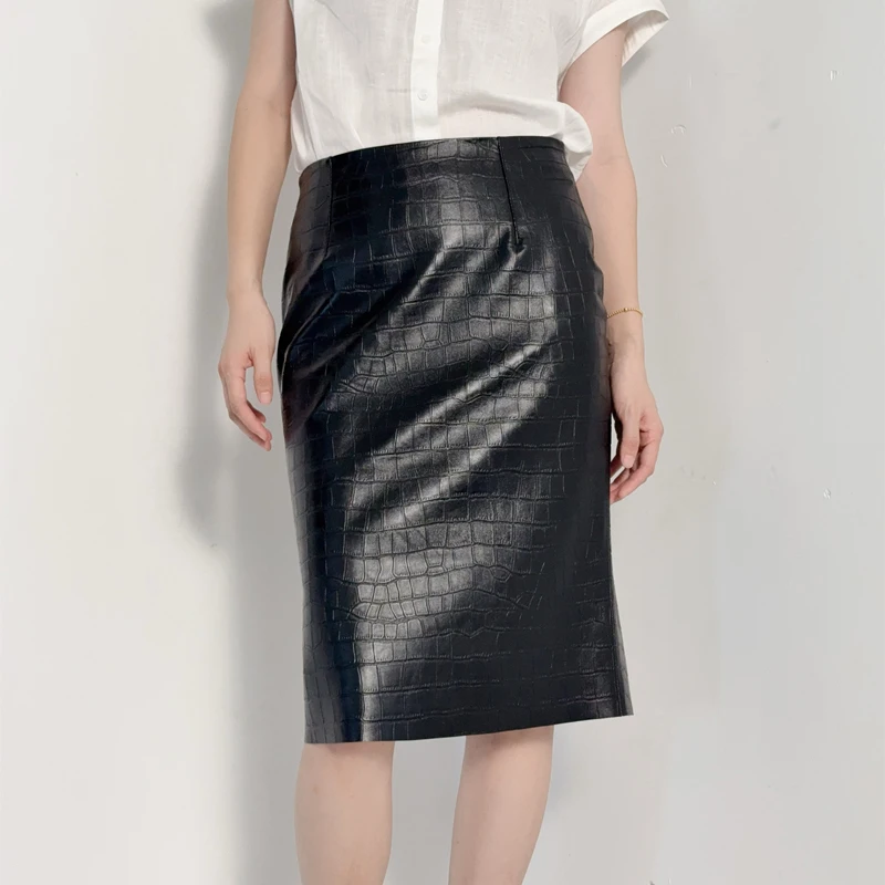 Imported Crocodile-pattern Sheepskin Women Real Leather Skirts 2026 Spring Chic Ladies Back Slit Bodycon Luxury Leather Skirts
