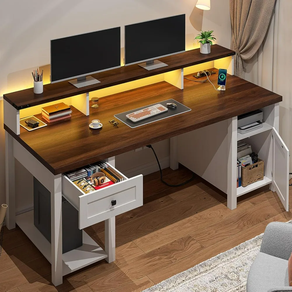 

55" Computer Desk, Farmhouse Desk with Long Monitor Stand Reversible Desk with Power Outlets Storage Cabinet, Large Office Desks