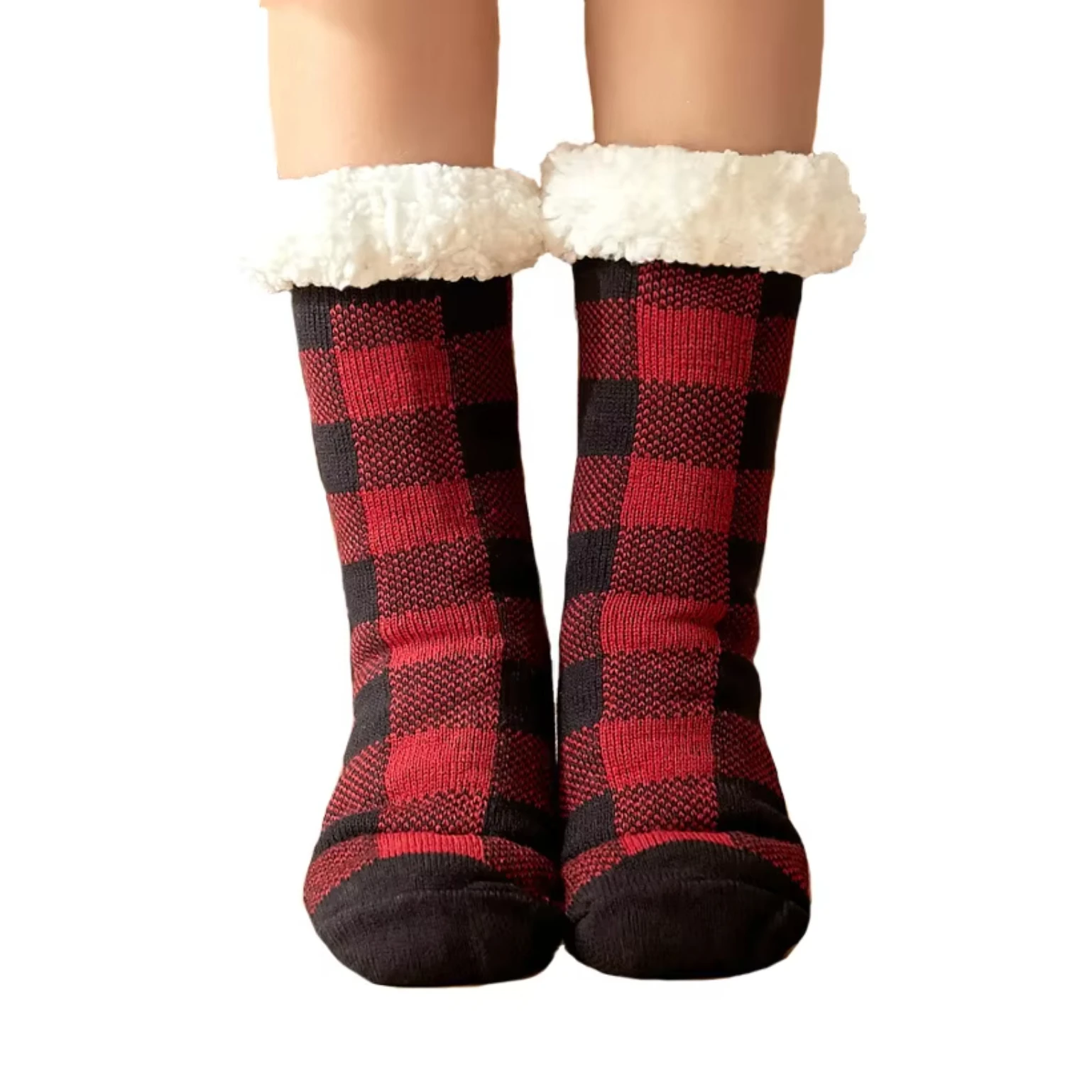 Wholesale Christmas Women Fluffy Knitted Plaid Print Thick Sherpa Fleece Winter Floor Socks With Grips