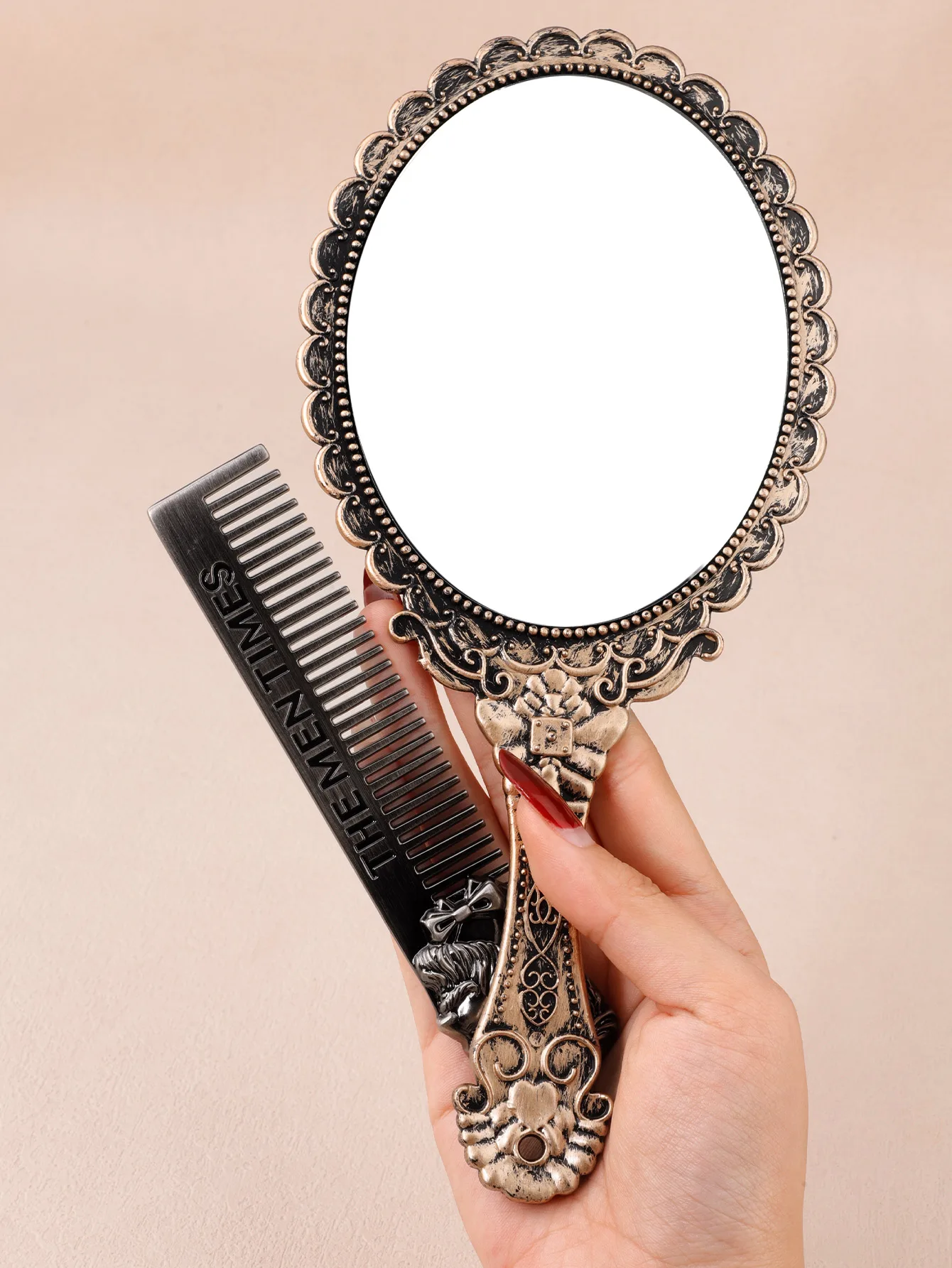 1 men's beard comb + a high-definition retro floral handle cosmetic mirror makeup mirror portable carry handheld handheld small