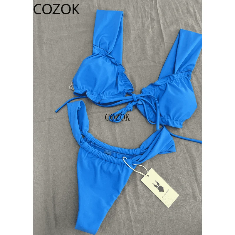 COZOK-Fato de banho feminino sexy com renda, cintura alta plissada, biquínis de férias, moda praia para mulheres, 2 peças