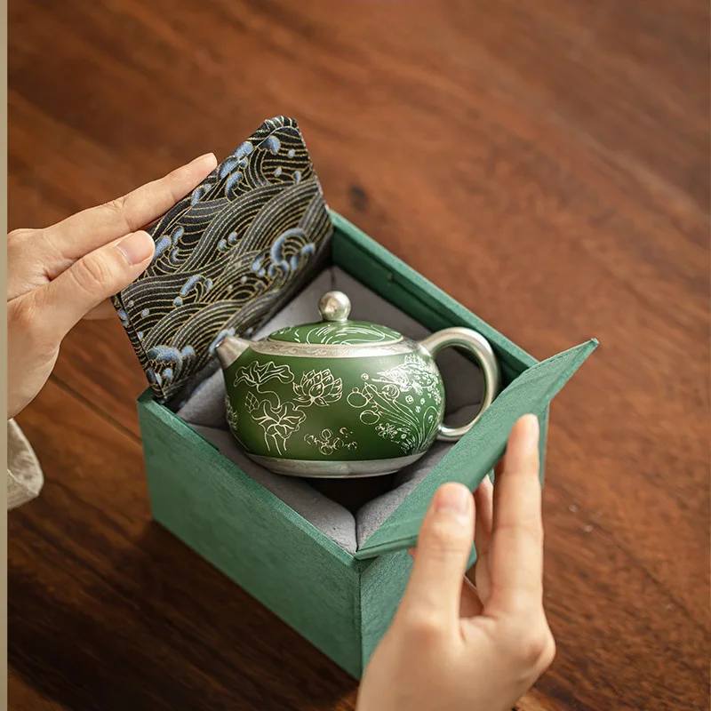 He Fusen Porcelain Body Covered 999 Silver Dark Green Fish Algae Pattern Xishi Teapot Lid Bowl Master Ceramic Tea Cup Gift B