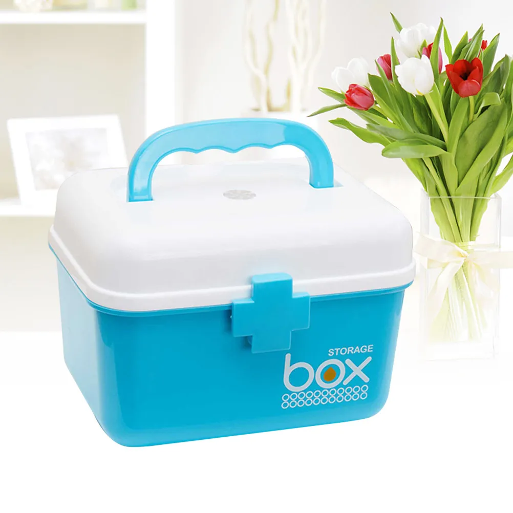 First Aid Kit Box Pill Storage Organizer Size S Lake Blue Double Layer Large Capacity Medicine Storage Container Emergency