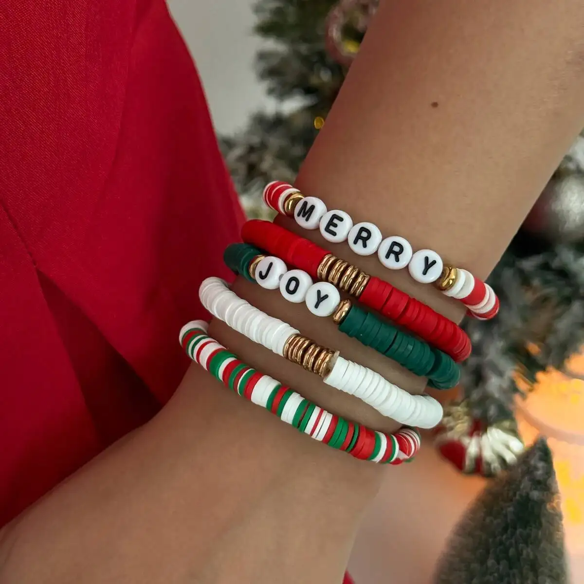 Salircon 5 Teile/satz Y2K Weihnachten Serie Brief Polymer Clay Armbänder für Frauen Stapelbar Niedlichen Anhänger Armreifen Schmuck Weihnachten Geschenk