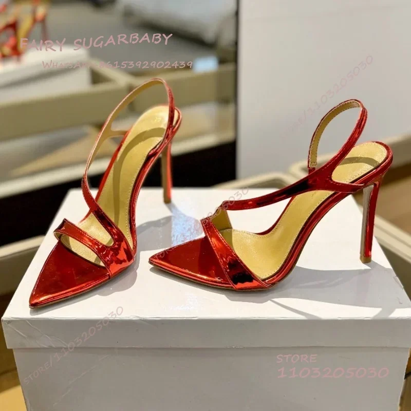 

Women's Gladiator Sandals Red Mirror Shiny Leather Sugarbaby Pointed Toe Wavy Lines Hollow Heels Open Gold Rose Red Glitter Shoe