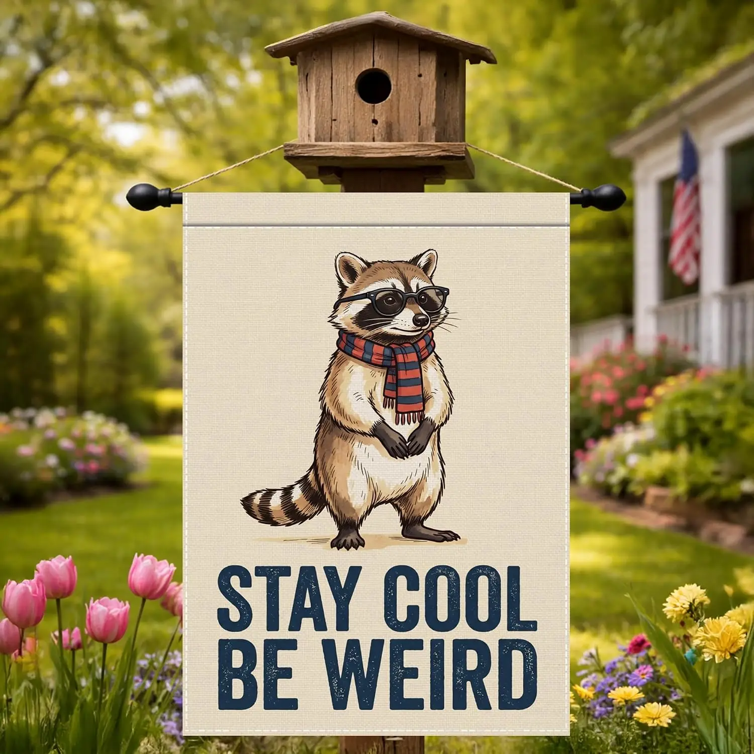 Funny Raccoon Stay Cool Be Weird Garden Flag 12 x 18 Inch Outdoor Decor | Double sided polyester, vintage retro theme, for p llp