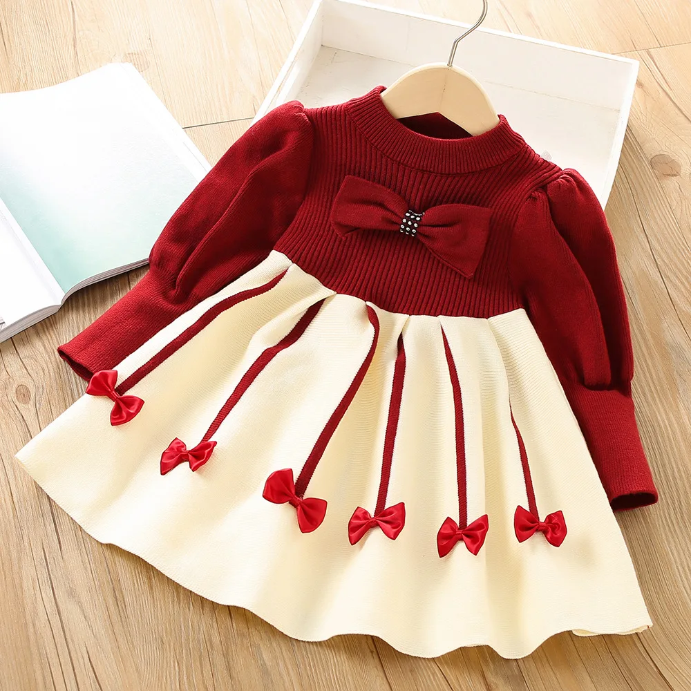 

Girls Sweater Dress Autumn and Winter New Fashionable Korean Childrens Baby Knitted Bow Bubble Sleeve Sweater Dress