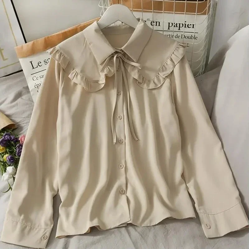 Spring Vintage Women Chiffon Shirts Korean Fashion Lace Up Loose Blouses Y2K Elegant Office Ladies Long Sleeve Outwear Tops New