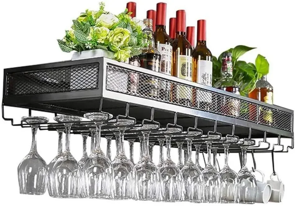 Bar Unit Floating Shelves Wine Rack Loft Wall Shelf Metal Iron Ceiling Rack Storage Wine Racks Hanging Wine Bottle and Glasses H