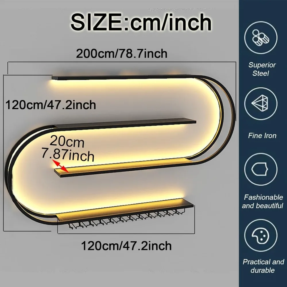رف نبيذ متعدد الطبقات مثبت على الحائط نصف دائري مع خطافات زجاجية للمطبخ والبار