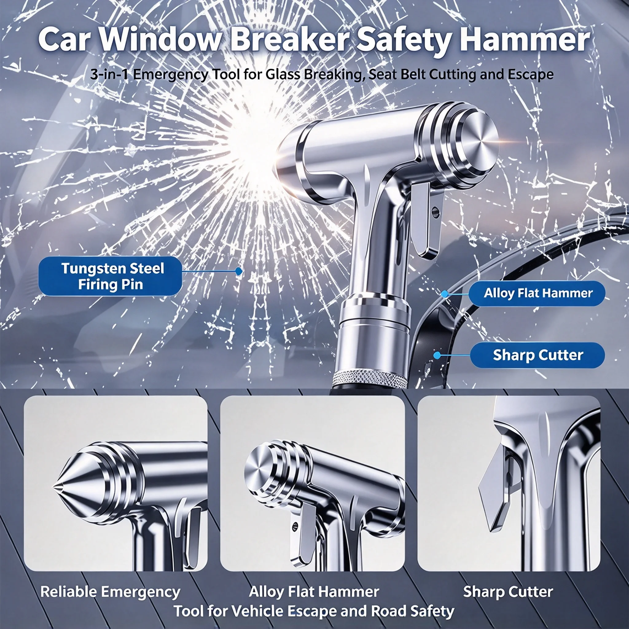 Emergency Car Window Breaker and Seat Belt Cutter Tool, Aluminum Alloy Safety Hammer Escape Device,Vehicle Emergency Rescue Tool