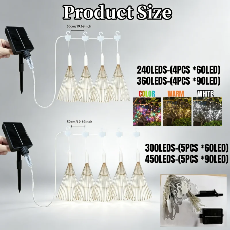 Hanging Solar Firework Lights LED Outdoor Solar Lights 8 Lighting Modes for Landscape Garden Wedding Christmas Decorative
