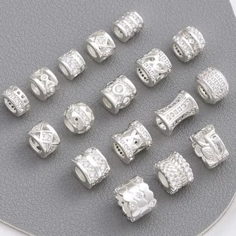 Silver Micro-inlaid Zircon Barrel Beads, Big Hole Wheel Beads, Separated by Beads, Passepartout Handmade, DIY Beaded Accessories