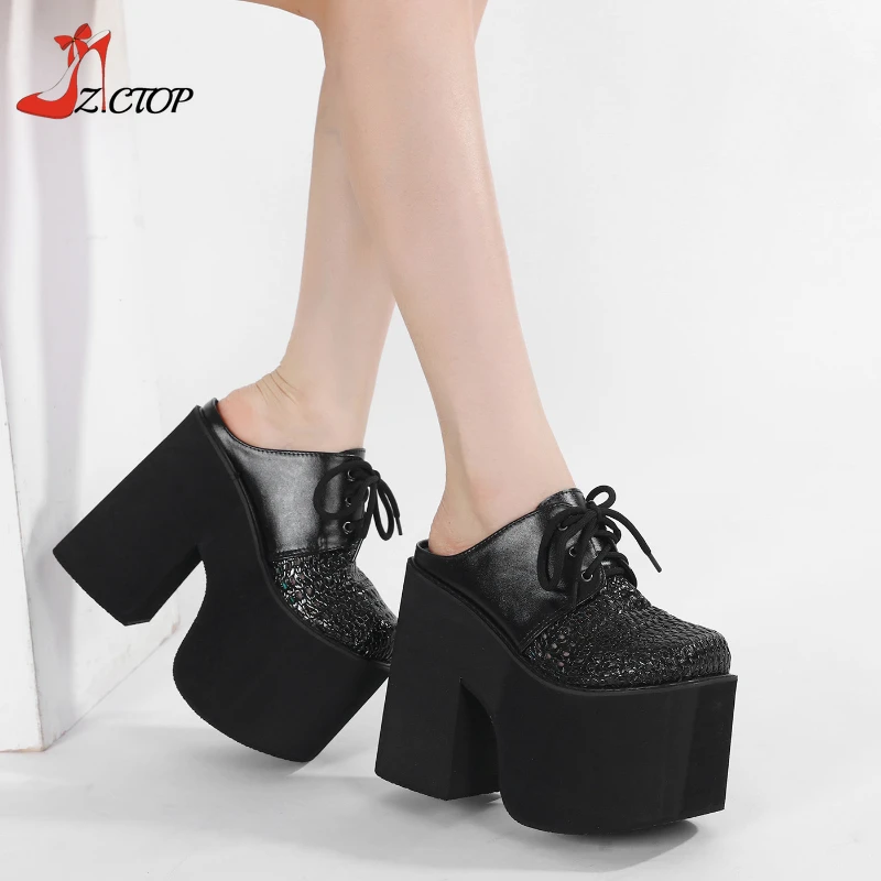 

Women Thick Heel Platform Sandals 14cm Ultra High Heels Chunky Slippers Black Punk Summer Mules Shoes Big Size 42 43