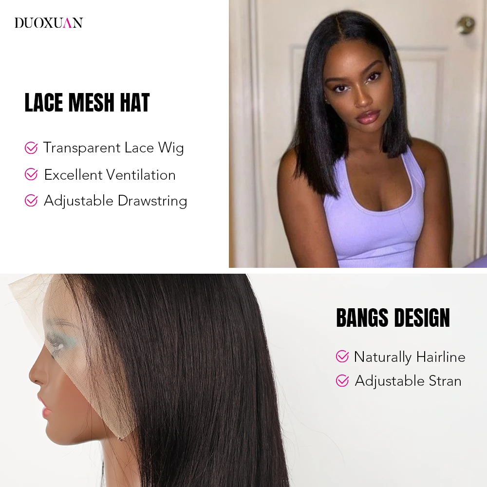 Perruque Bob Lace Front Wig naturelle lisse, cheveux courts, 10 pouces, pre-plucked, pour femmes africaines