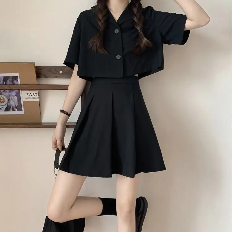 Summer Black Skirt Suits Women Korean Fashion Loose Short-sleeved Single-breasted Short Tops Mini Skirt 2pcs Set Matching Sets