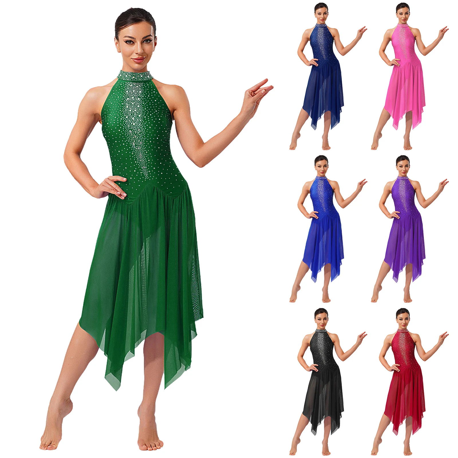 Abito da ballo lirico da donna, senza maniche, con strass lucidi, body in rete, per pattinaggio artistico, ginnastica, danza moderna da sala