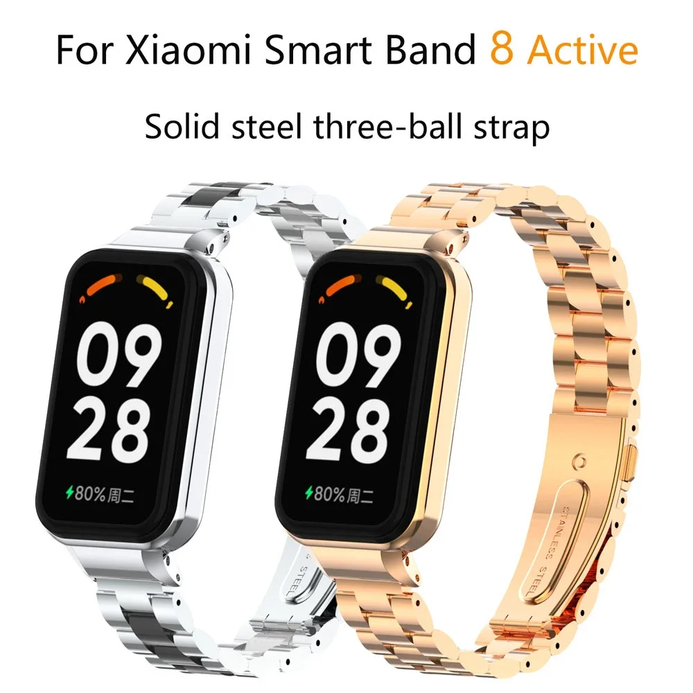 

Ремешок из нержавеющей стали для Xiaomi Mi band 8 Active, твердый браслет с тремя бусинами из нержавеющей стали для Redmi Band 2/8Active