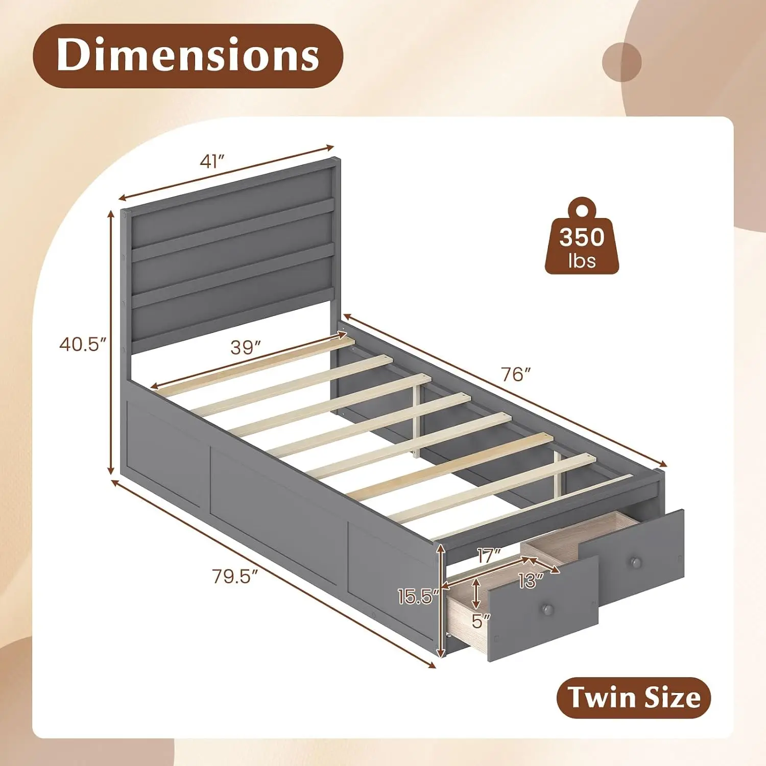 Twin Bed Frames for Kids with Storage Drawers, Wood Platform Bed with Headboard, Solid Mattress Foundation w/Wooden Slat Support & Enclosed Base, No Box Spring Needed (Grey, Twin)