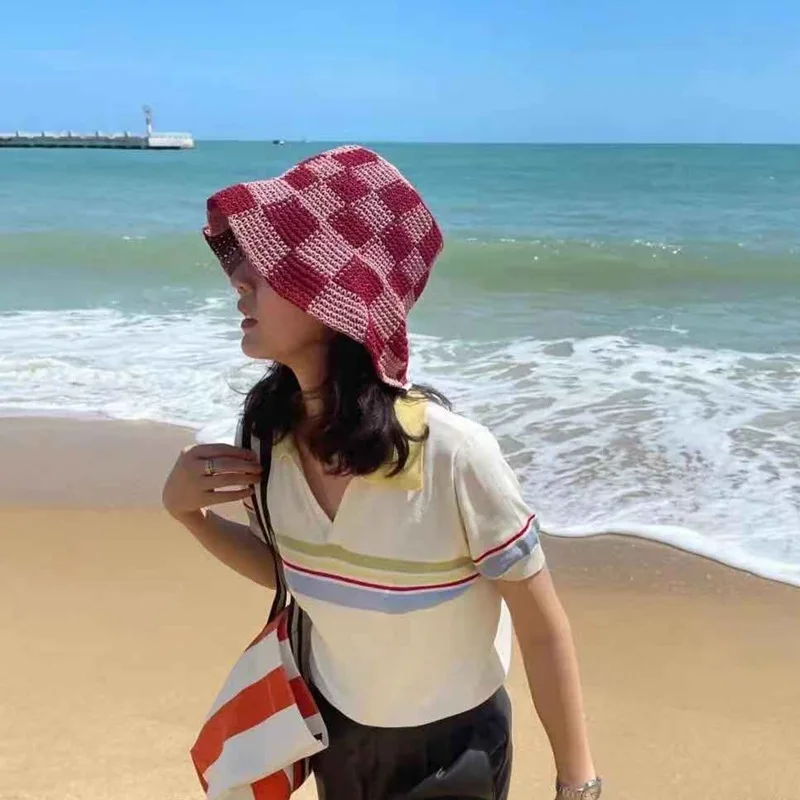 Fashion Japanese Korea Plaid Crochet Bucket Hats Spring Cotton Thread Soft Fisherman Hat Summer Sun Hat Women Designer Bob Cap