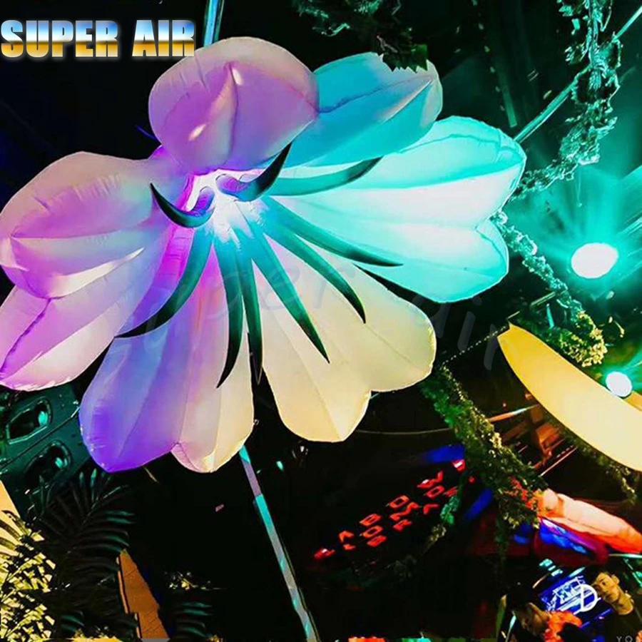 giant beautiful hanging inflatable white light flower with stamen for decoration