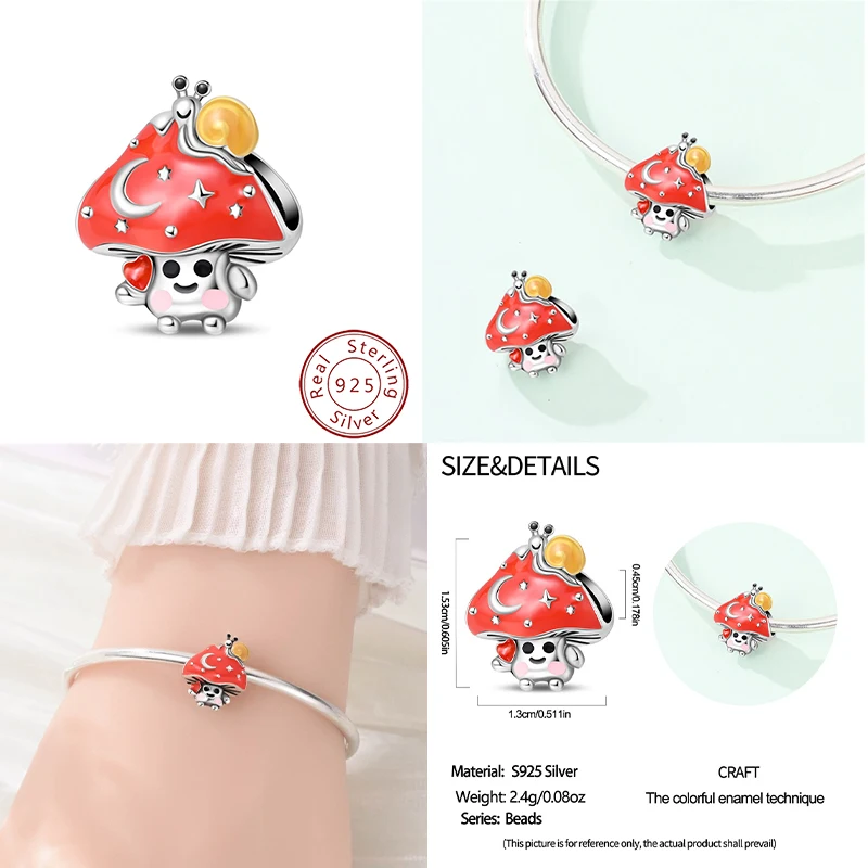 New 925 sterling silver mushroom snail beaded pendant suitable for original women's bracelet pendant wearing D IY jewelry homema