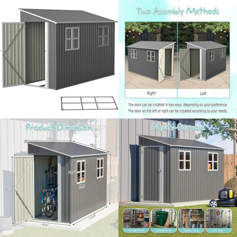 

Большой уличный металлический навес для хранения вещей с напольным каркасом и отклоном, с двумя окнами для использования в саду и патио.