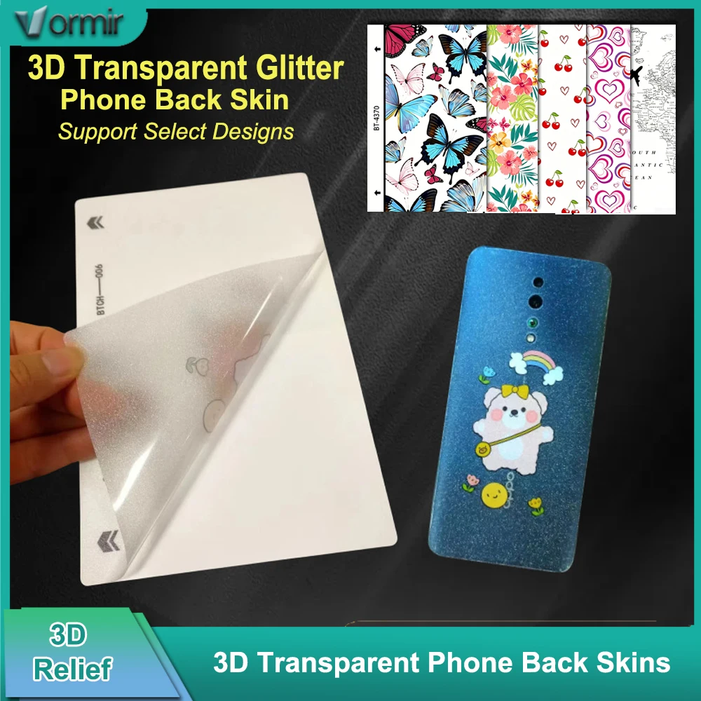 VORMIR 50pcs 3D Relief Transparent GlitterBack Films Phone Skin Sticker Decorative Films for Unlock Sreen Protector Cut Machine