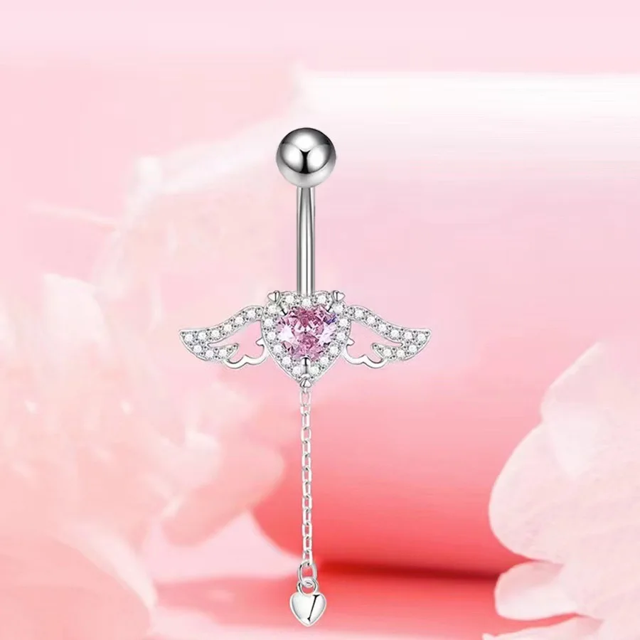 Piercing all'Ombelico a Forma di Cuore con Zircone Rosa, Accessorio Y2K Unisex con Design a Fiocco