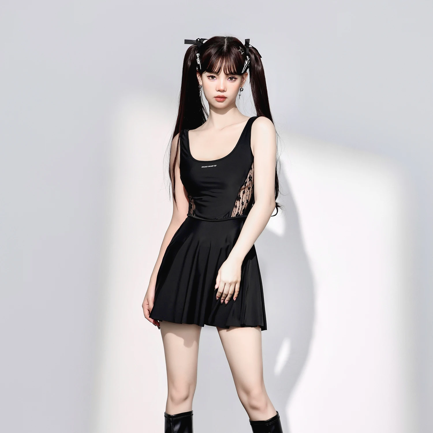 New Black Sports Conservative Leisure Dress Swimsuit Girls Elegant Gauze Splicing Beach Seaside Vacation Simple Vest Swimwear