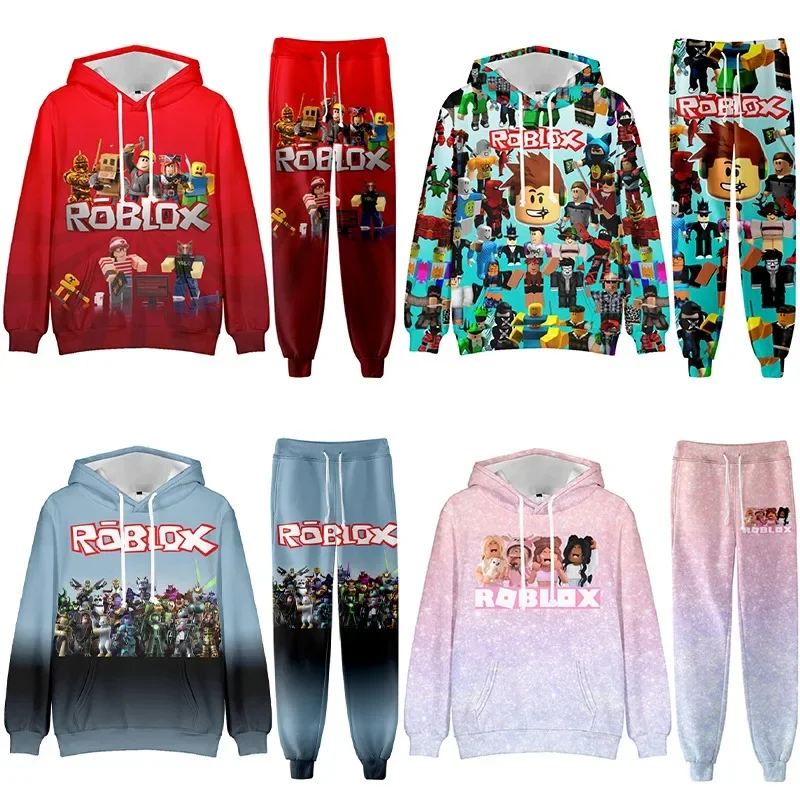 Roblox Game Cartoon Printed Kids felpa con cappuccio felpa pantaloni della tuta Set primavera autunno studente Casual Set ragazzi ragazze regali di