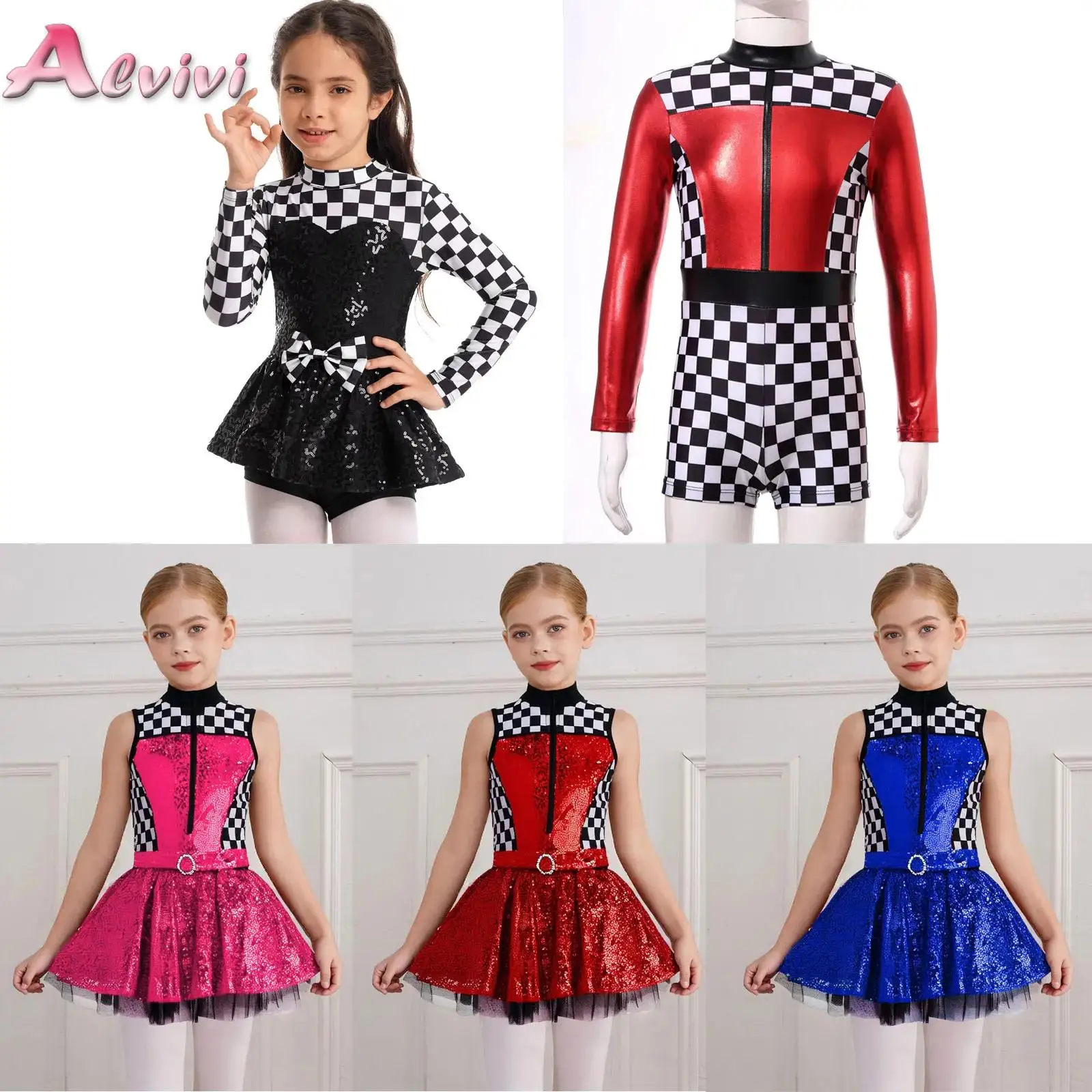 

Kids Girls Checkerboard Racer Costume Halloween Car Driver Cosplay Leotard Dress with Tulle Skirt Themed Party Driving Roleplay