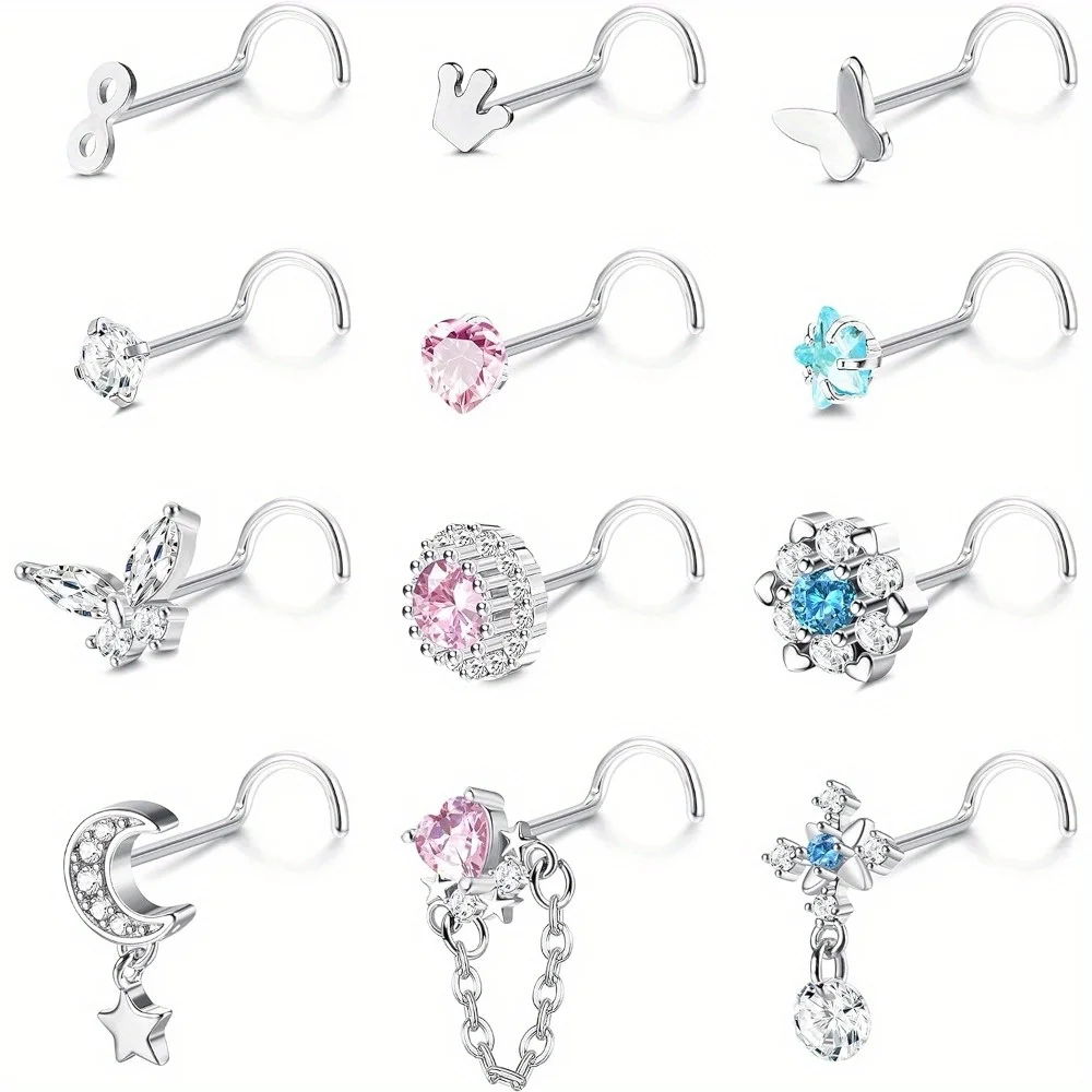 Drperfect 1Pc Stainless Stell Dangle Nose Rings Studs L Shaped Corkscrew Dangle Nose Rings for Women Men Heart Shape