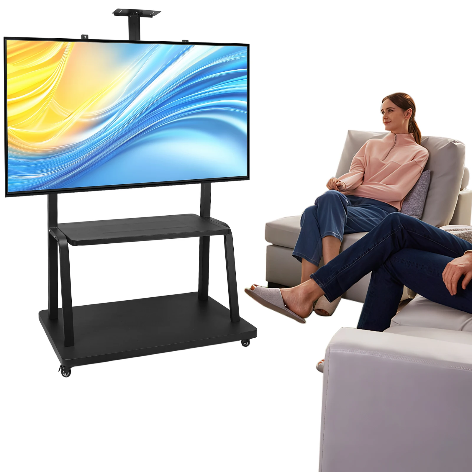 

Поворотная подставка для телевизора с колесами и полкой для ноутбука для телевизоров с плоским экраном 50-120 дюймов, максимальная нагрузка до 660 фунтов, регулируемая по высоте.