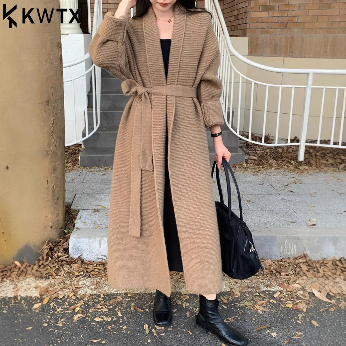 

KWTX 2025 New Women's Longline Knit Cardigan Belted Lapel Collar Thick Vintage Solid Color Autumn Winter Elegant Chic Luxury