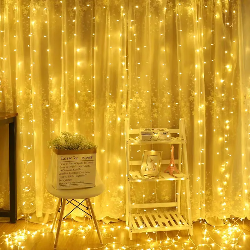 Curtain LED String Lights 3x1m Warm Light Remote Control Bedroom Holiday Wedding Christmas Decoration Fairy Garland Lamp