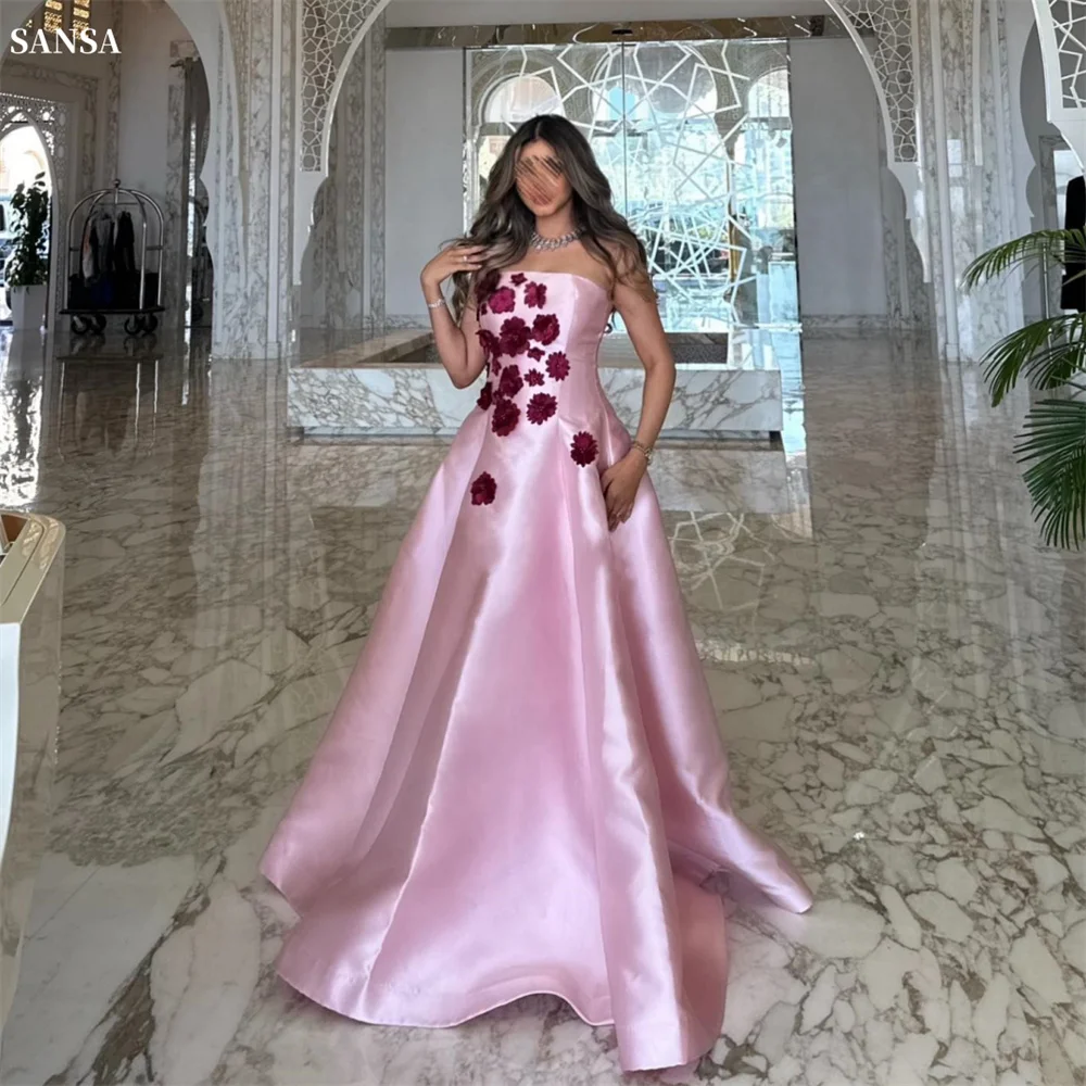 Sansa Elegant Pink Sleeveless Prom Dress Square Collar A-line Appliques vestidos de fiesta Satin Floor-Length 2024 فساتين سهرة