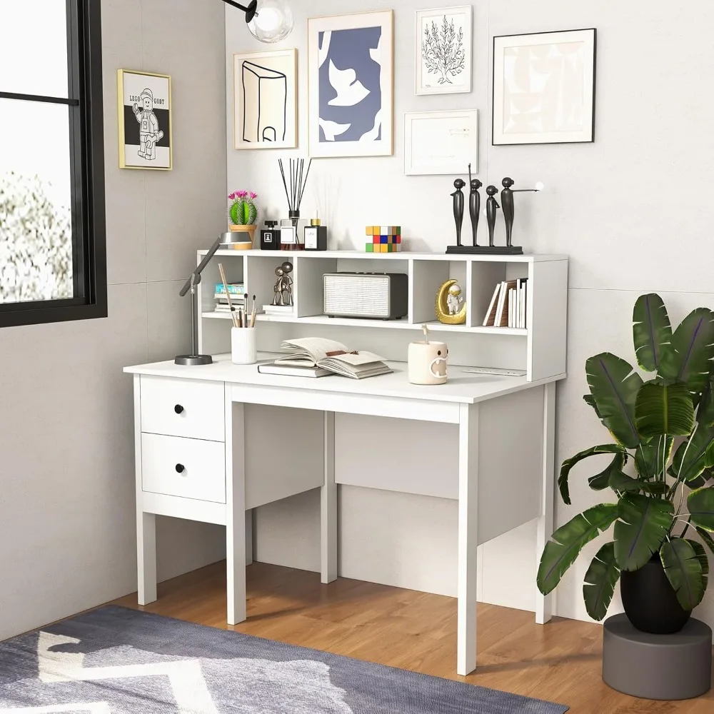 Tangkula White with Drawers & Hutch, Modern Home Office Writing Study Desk with Charging Station