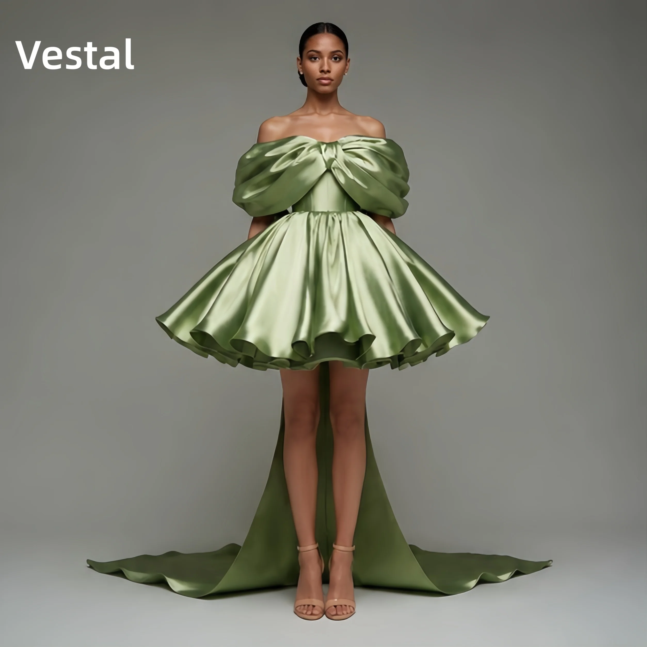 

Sage Green Off Shoulder Satin Homecoming Dress with Detachable Train Formal Evening Party Wedding Dress Birthday Customized