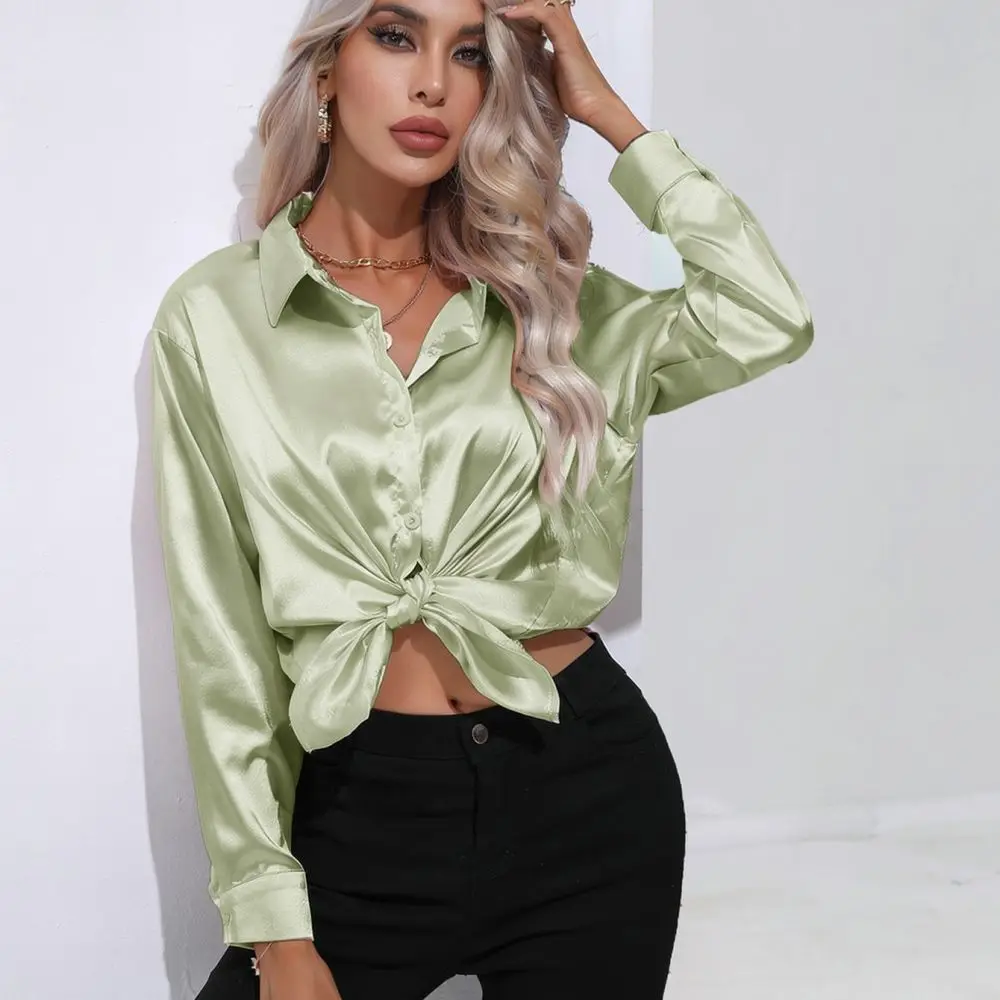 Elegant Satin Long Sleeve Blouse Womens Shirt Office Work Wear Casual Silk Like Solid Color Button Down Female Fashion Tops