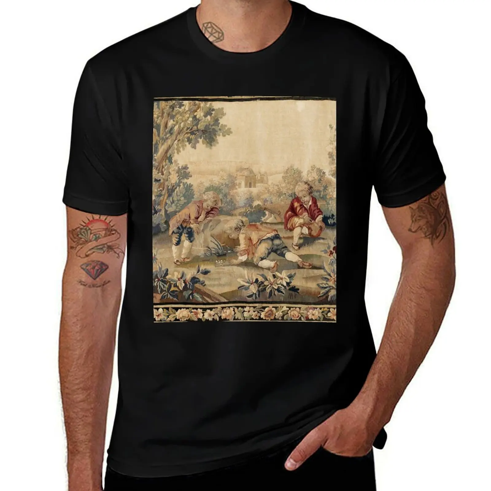 Aubusson Antique French Tapestry Print T-Shirt Tough Fabric Work Tee T-Shirt