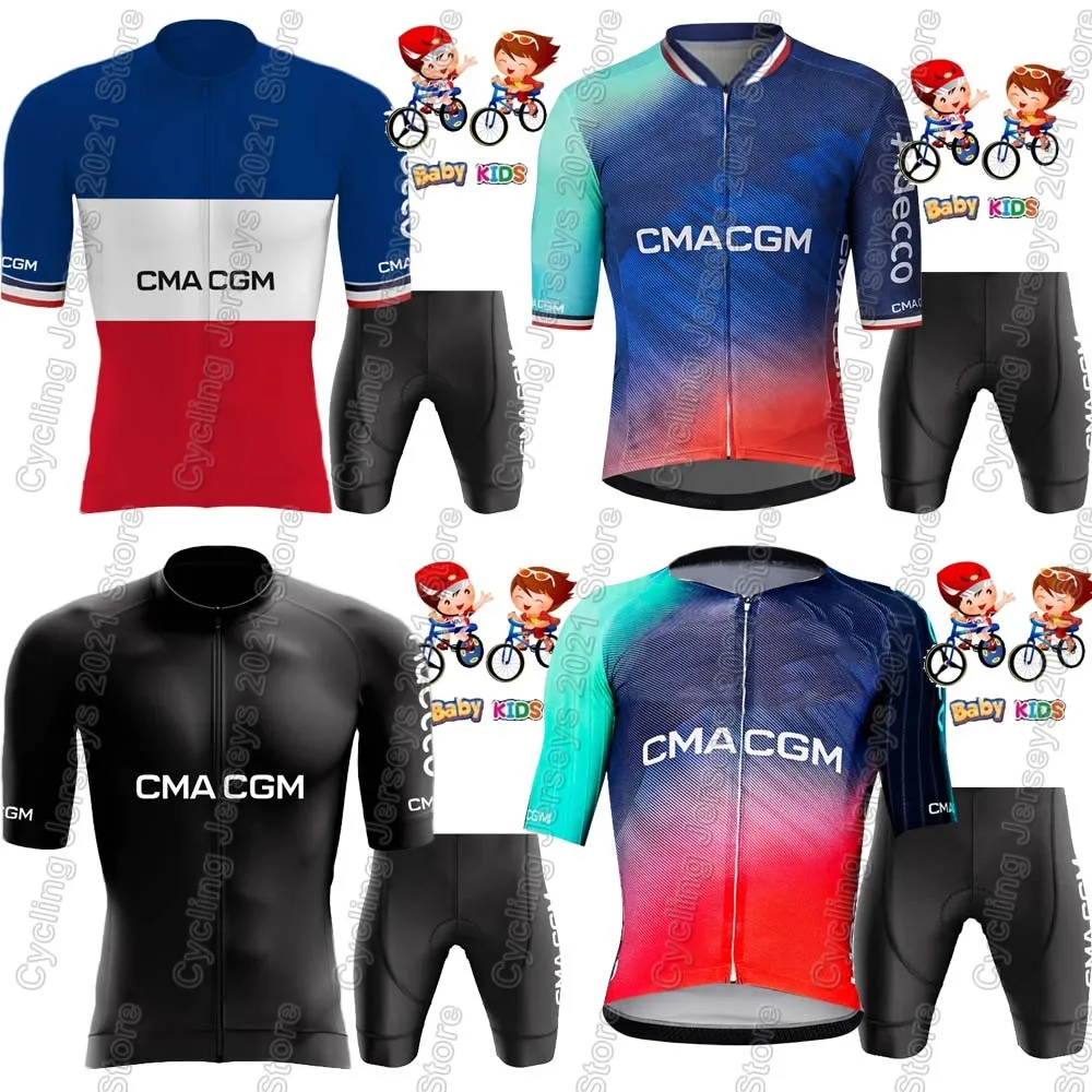 Conjunto de Jersey de Ciclismo para Niños CMA-CGM 2026, Ropa de Ciclismo para Niños y Niñas, Camiseta y Pantalones para Bicicleta de Carretera, Francia
