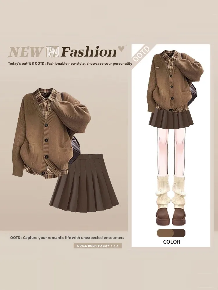 

Winter Knitted Cardigan Set Coffee Color College Sle Plaid Skirt Tee Piece Set Age Reduction Layering High Waist ort Skirt