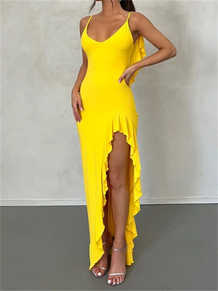 CHRONSTYLE Women Spaghetti Strap Backless Ruffles Long Dress Sexy Slim Fit V Neck Sleeveless Strap Ruched Beach Dresses Vestidos