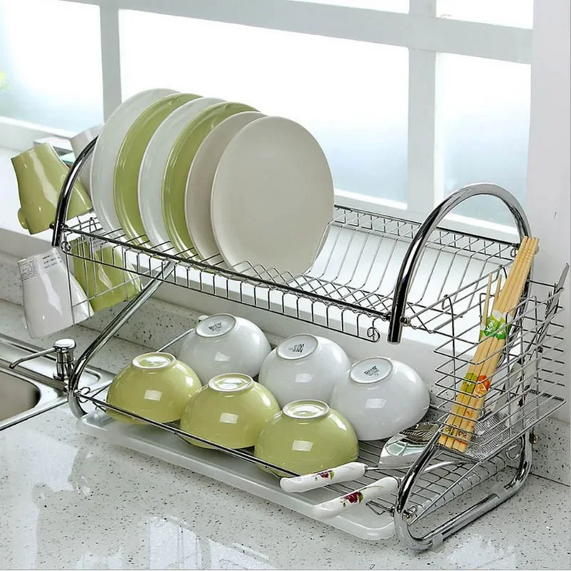 

Large Dish Drying Rack Cup Drainer 2-Tier Strainer Holder Tray Stainless Steel Kitchen Accessories CLH@8